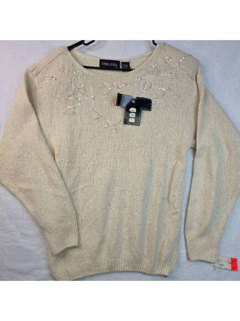 Vintage UNO & UNA Sequined Silk Angora Sweater M Ivory Cottagecore Quiet Luxury